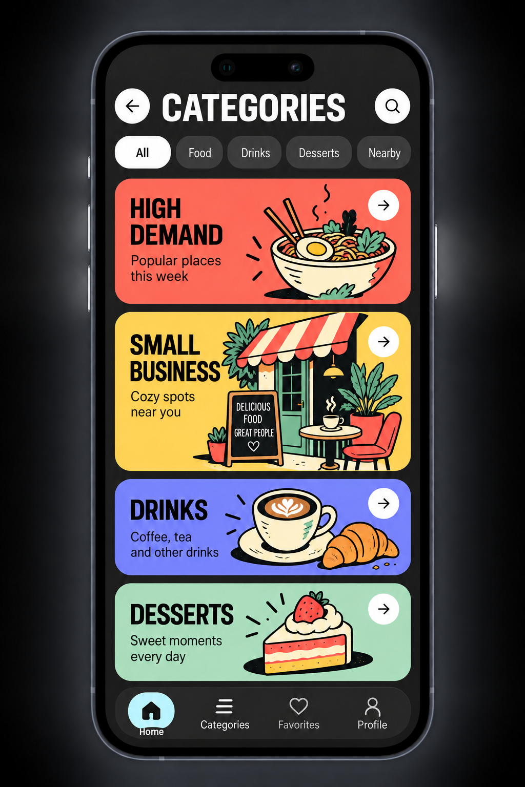 Application screen with categories and illustrated venues