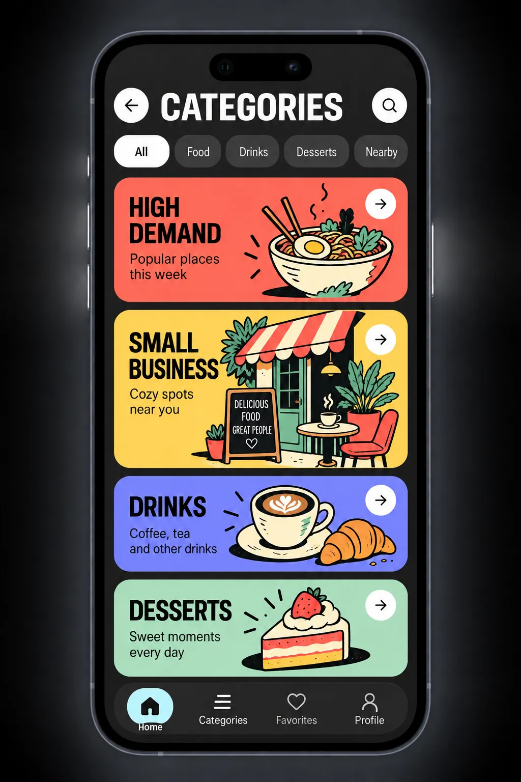 Application screen with categories and illustrated venues