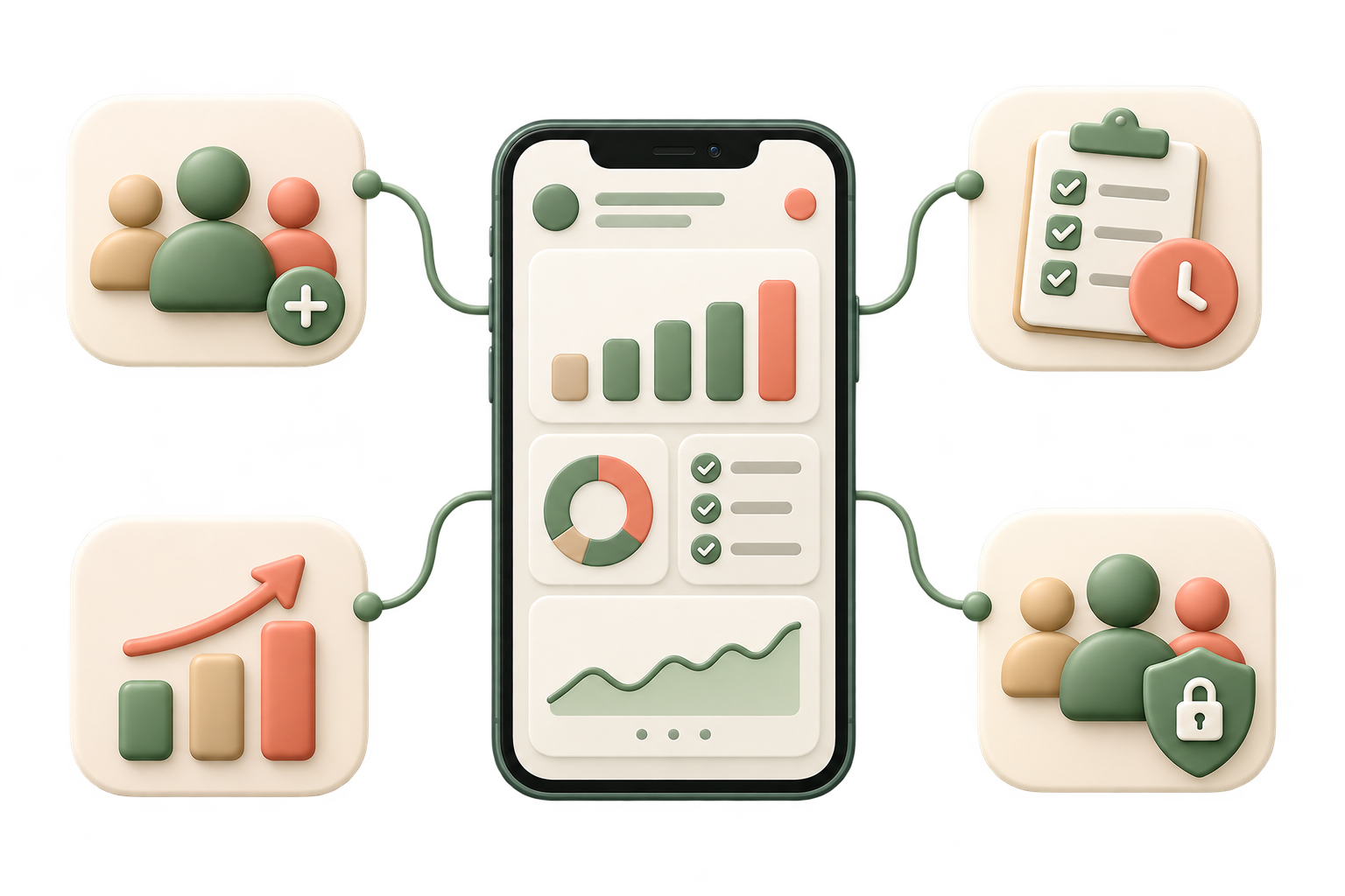 Corporate CRM app connected to team, tasks, reports, and permissions