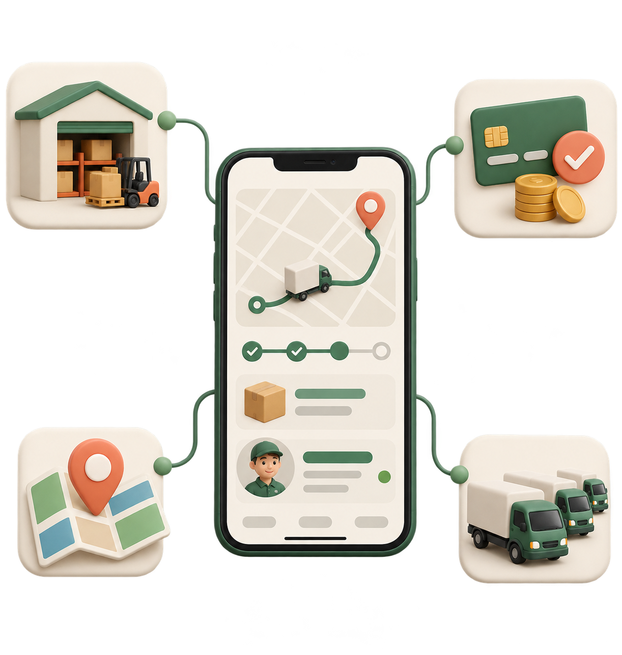 Delivery app connected to warehouse, payments, maps, and courier fleet