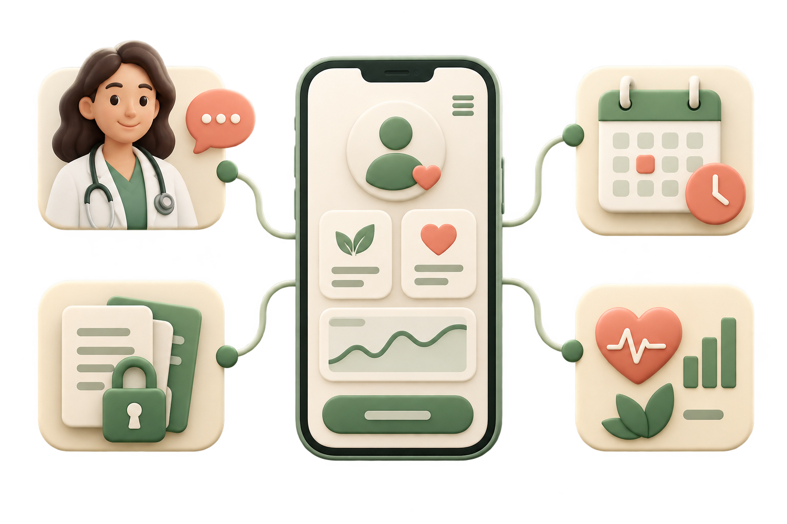 Healthcare app connected to doctors, appointments, documents, and health indicators