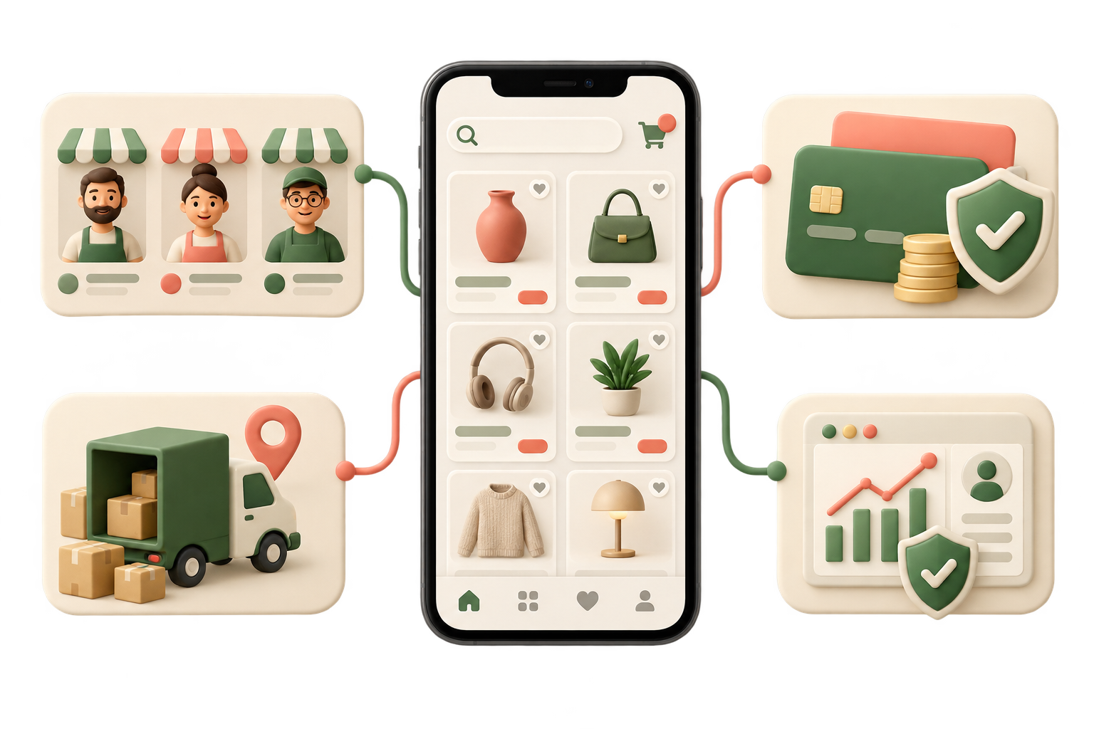 Marketplace connected to sellers, payments, delivery, and moderation