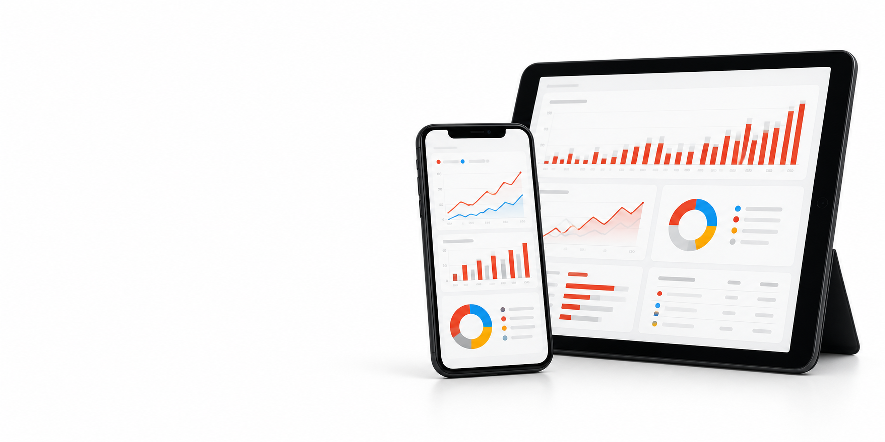 Realistic smartphone and tablet screens with mobile analytics